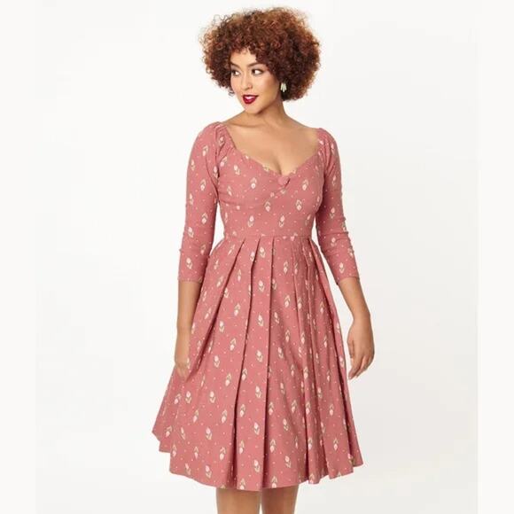 Unique Vintage Rose Pink Tulip Print Lamar Swing Dress VTG Retro Pin Up Dainty - Picture 1 of 7